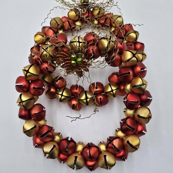 Other - LOT OF 2 Christmas Jingle Bell Wreath Red/Gold Metal‎ 10”